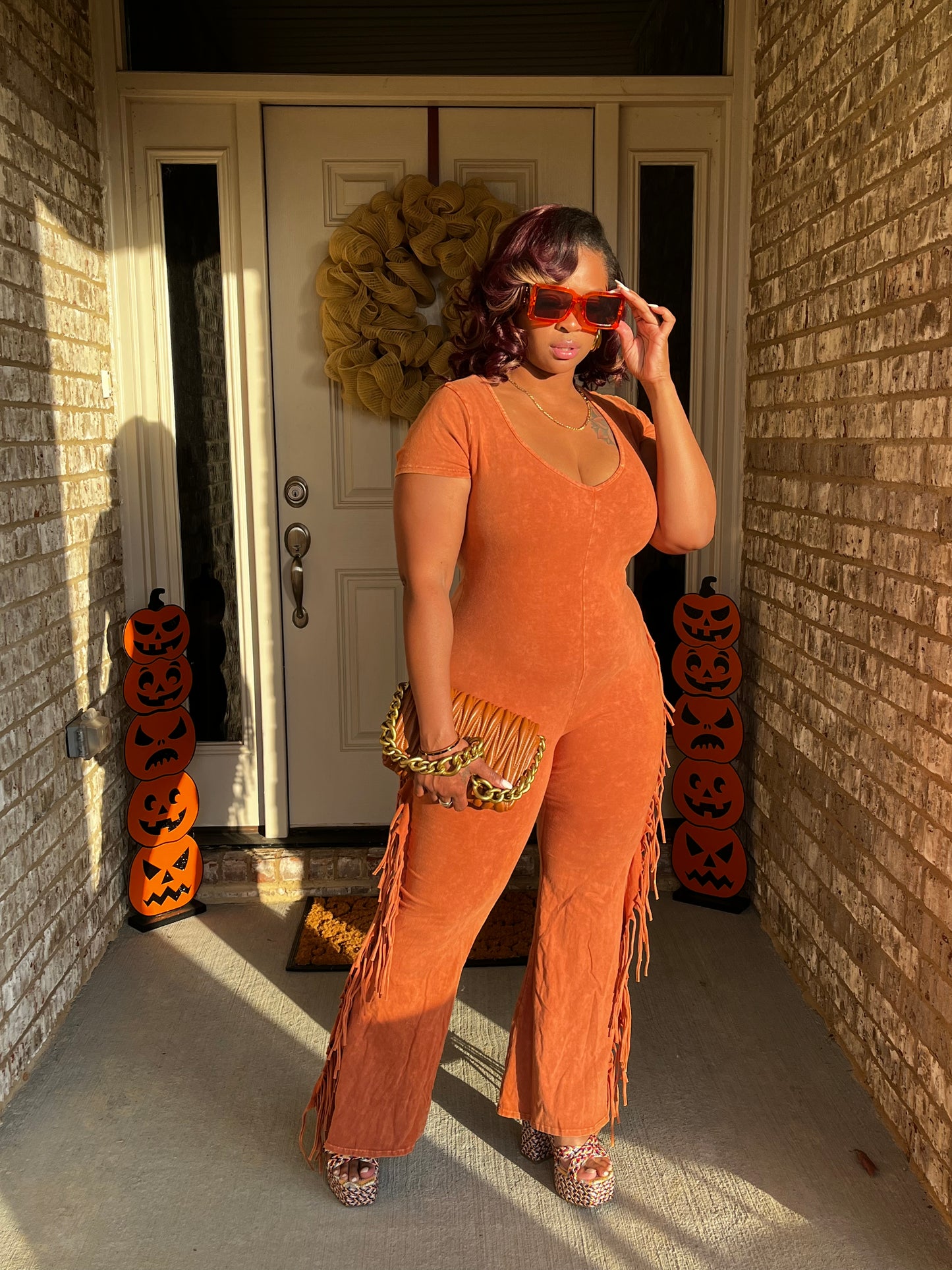 Lola Rust Orange Fringe Jumpsuit